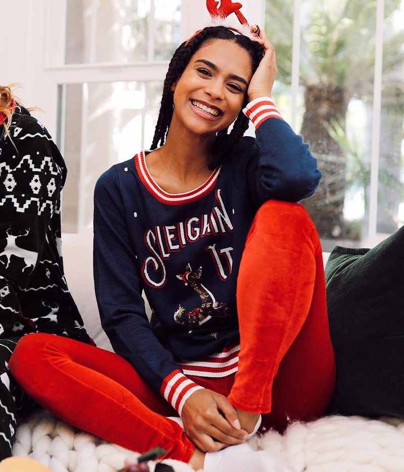 تيبسي إيلف سترة عيد الميلاد من Tipsy Elves Sleighin' It Ugly Christmas للنساء باللون الأزرق الداكن والترتر لعطلات الرنة مقاس متوسط - Image 3
